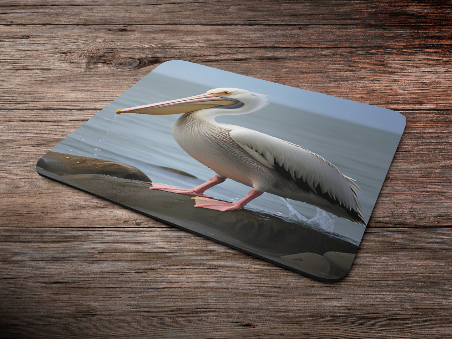 Pelican standing on a rocky shorelinemousepad mockup style 6