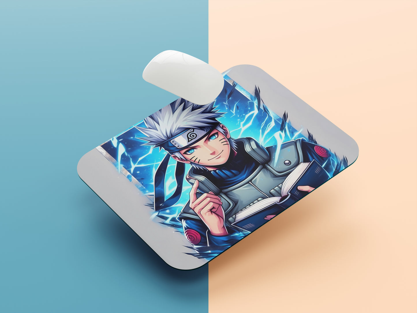 Kakashi Hatake holding a book mousepad mockup style 1