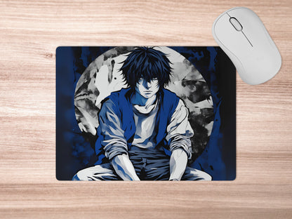 Lawliet sitting hunched over with his thoughtful gaze mousepad mockup style 5