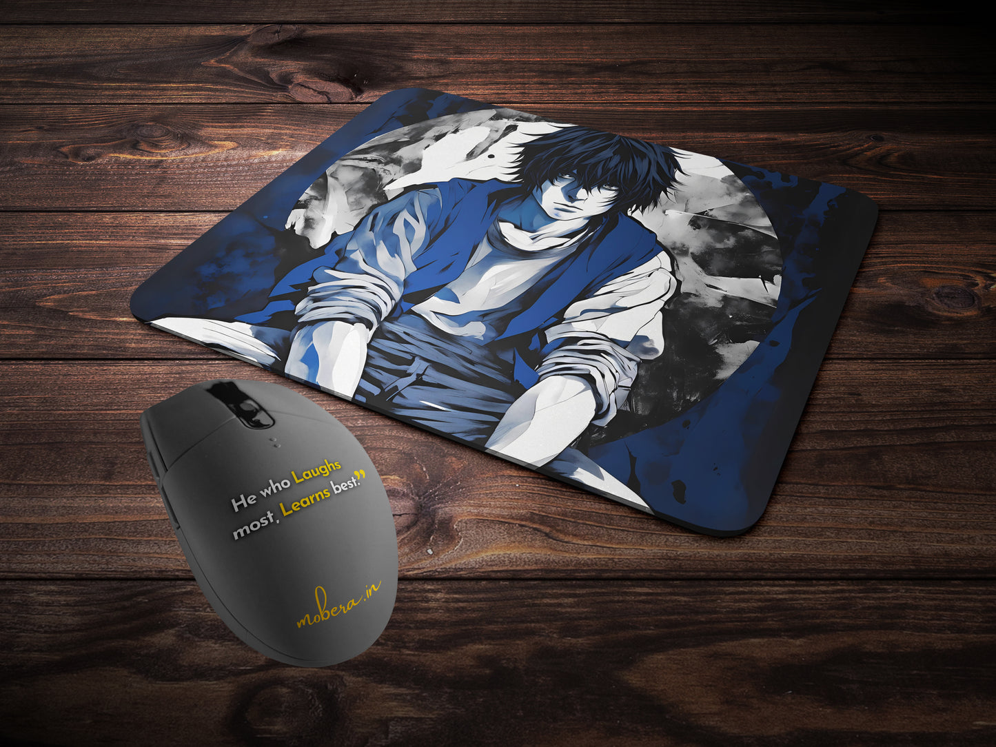 Lawliet sitting hunched over with his thoughtful gaze mousepad mockup style 2