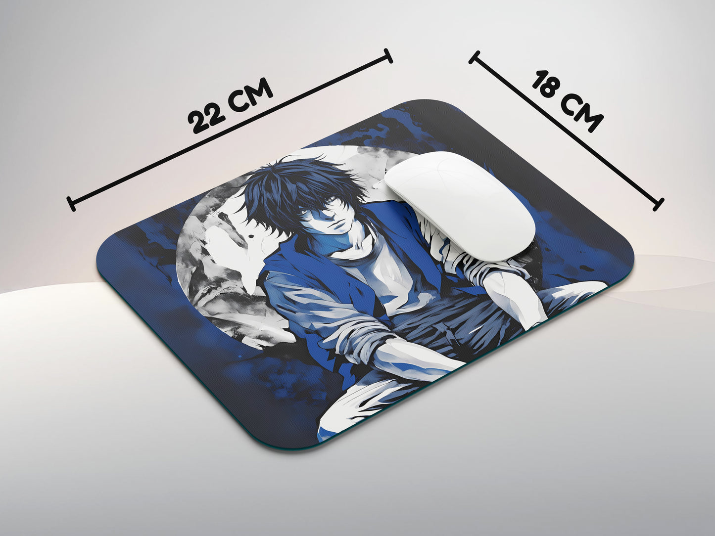 Lawliet sitting hunched over with his thoughtful gaze mousepad mockup style 3