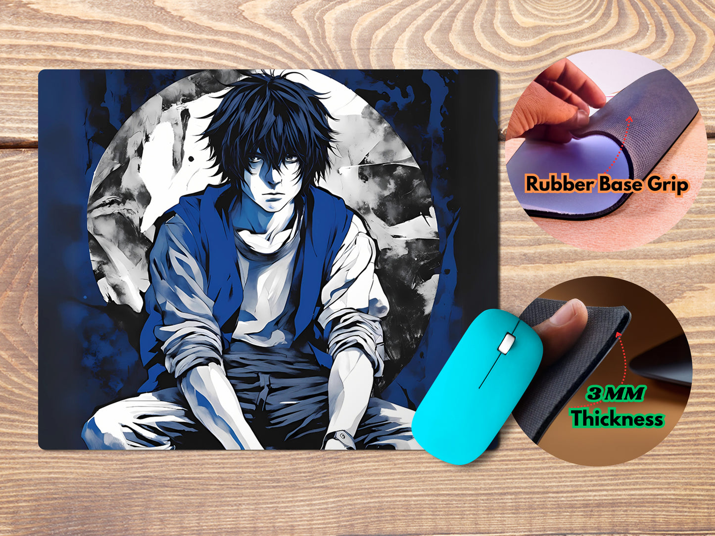 Lawliet sitting hunched over with his thoughtful gaze mousepad mockup style 4