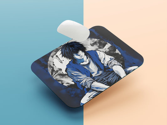 Lawliet sitting hunched over with his thoughtful gaze mousepad mockup style 1