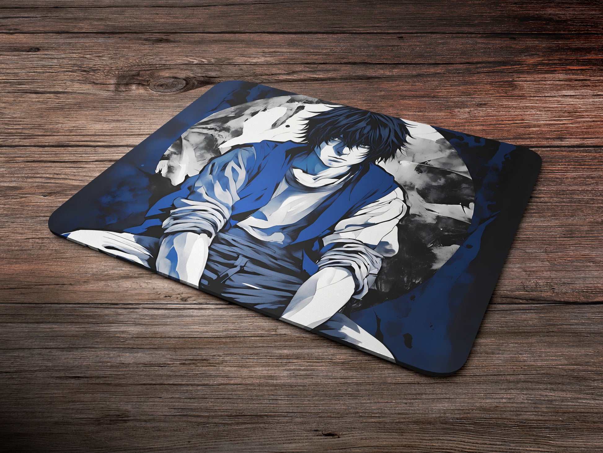 Lawliet sitting hunched over with his thoughtful gaze mousepad mockup style 6