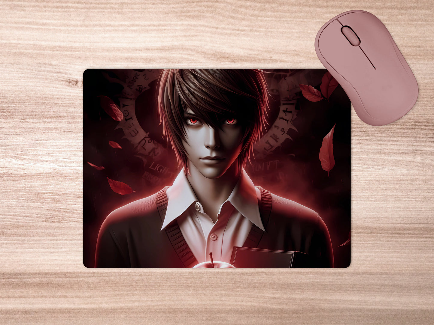 Light Yagami holding the Death Note with a serious expression mousepad mockup style 5