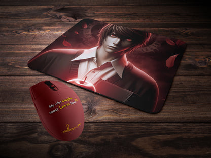 Light Yagami holding the Death Note with a serious expression mousepad mockup style 2