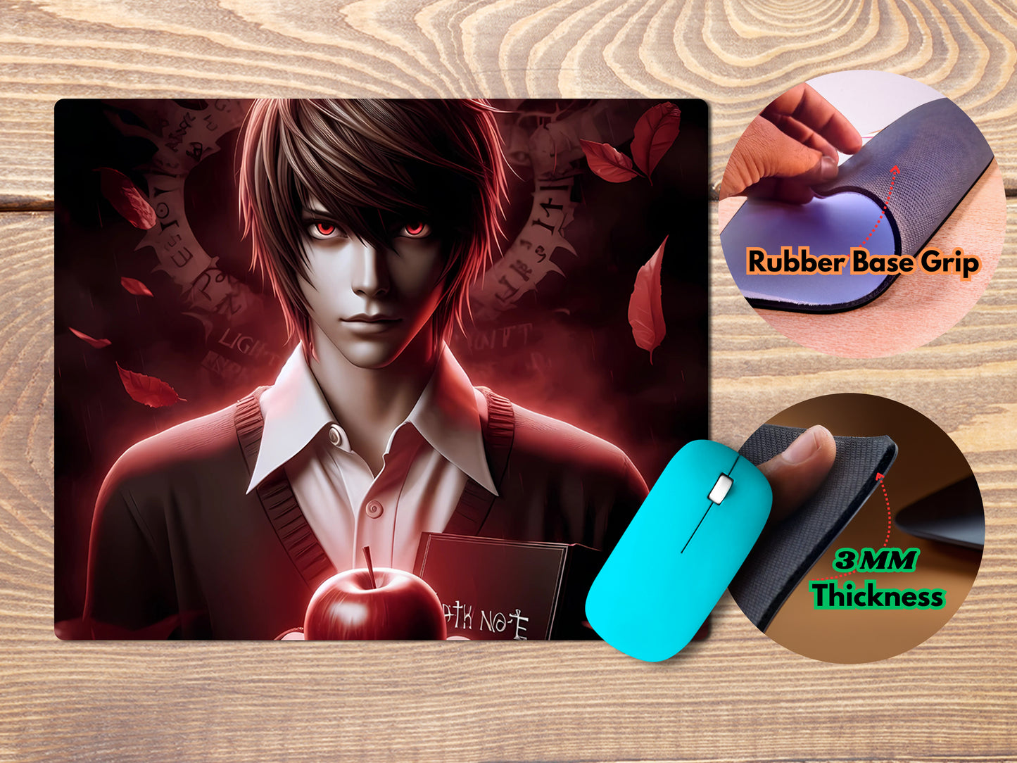 Light Yagami holding the Death Note with a serious expression mousepad mockup style 4