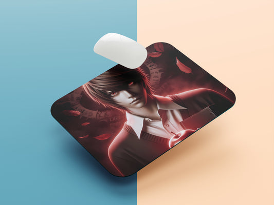 Light Yagami holding the Death Note with a serious expression mousepad mockup style 1