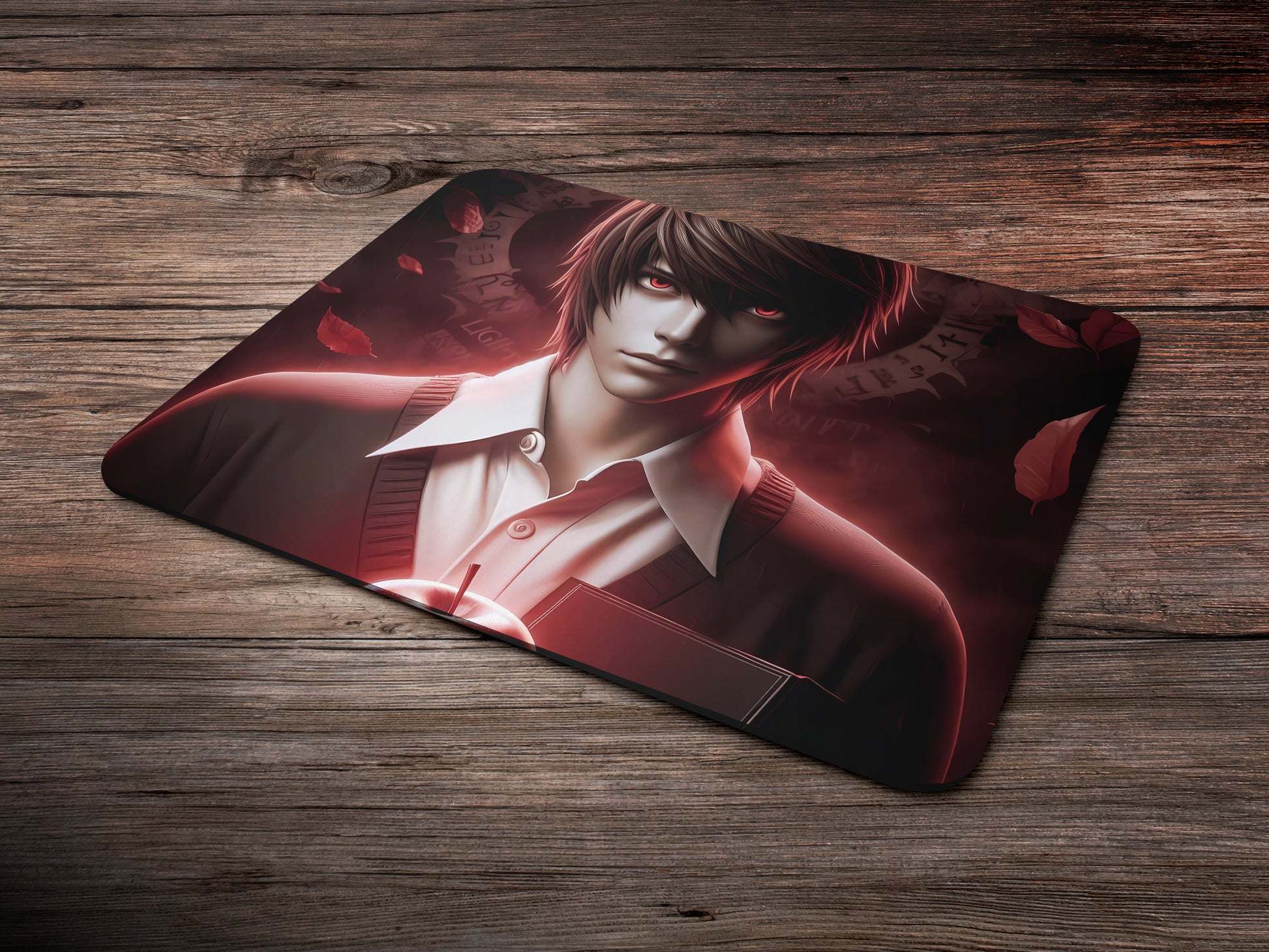 Light Yagami holding the Death Note with a serious expression mousepad mockup style 6