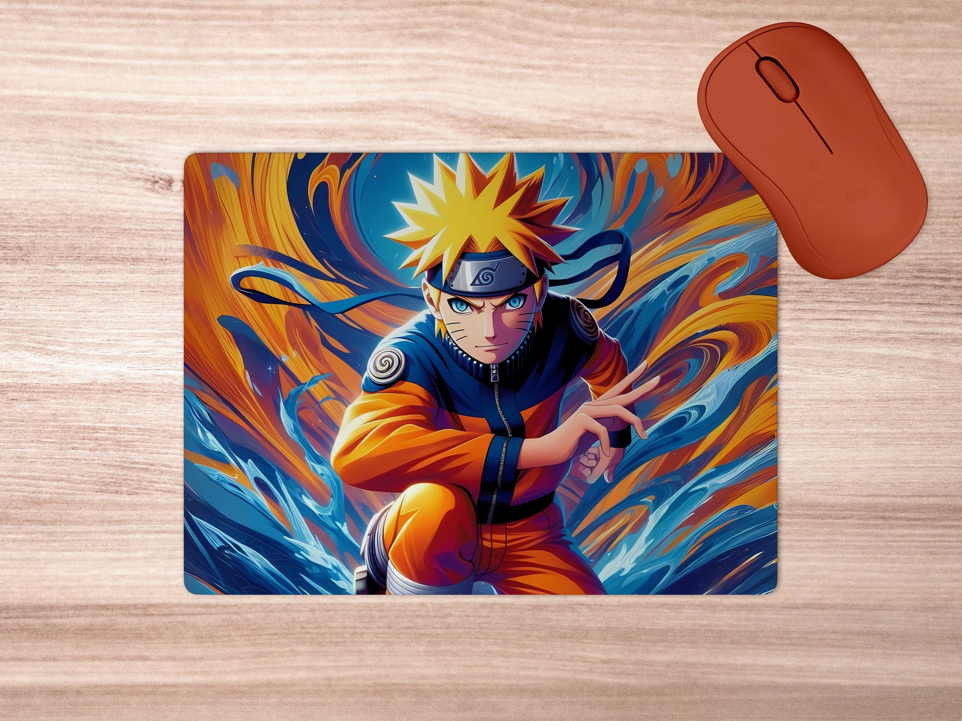 Naruto Uzumaki in a powerful pose, wearing his iconic orange jumpsuit mousepad mockup style 5