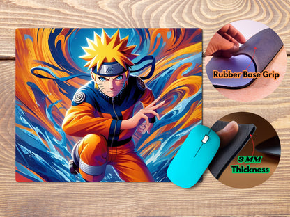 Naruto Uzumaki in a powerful pose, wearing his iconic orange jumpsuit mousepad mockup style 4