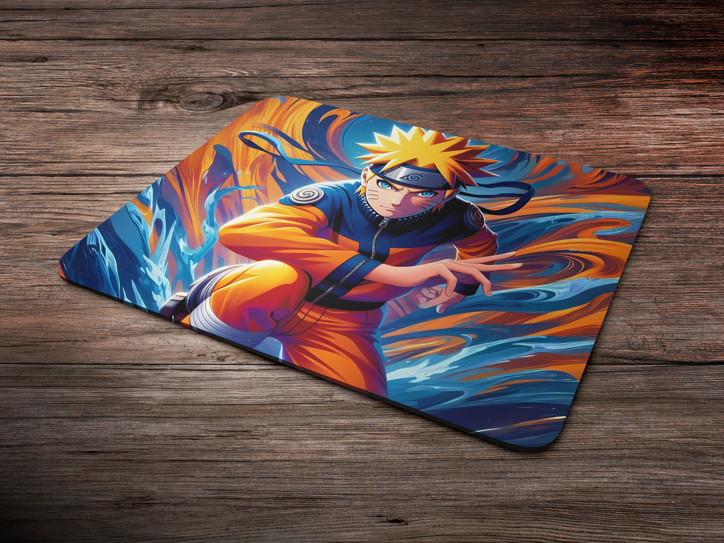 Naruto Uzumaki in a powerful pose, wearing his iconic orange jumpsuit mousepad mockup style 6