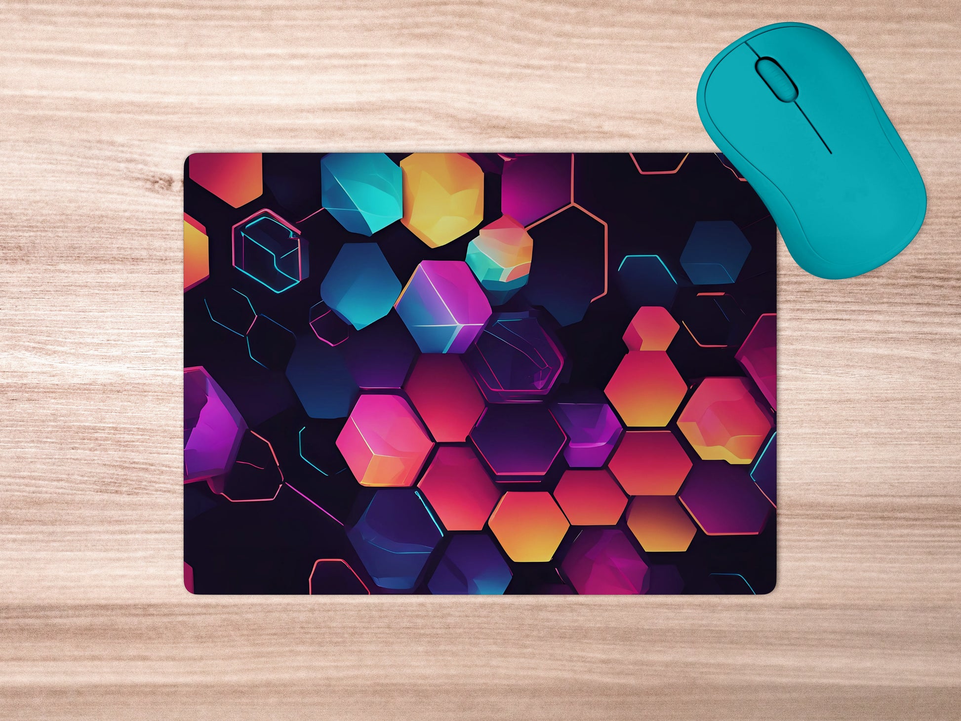 Neon glowing hexagon with futuristic outline mousepad mockup style 5