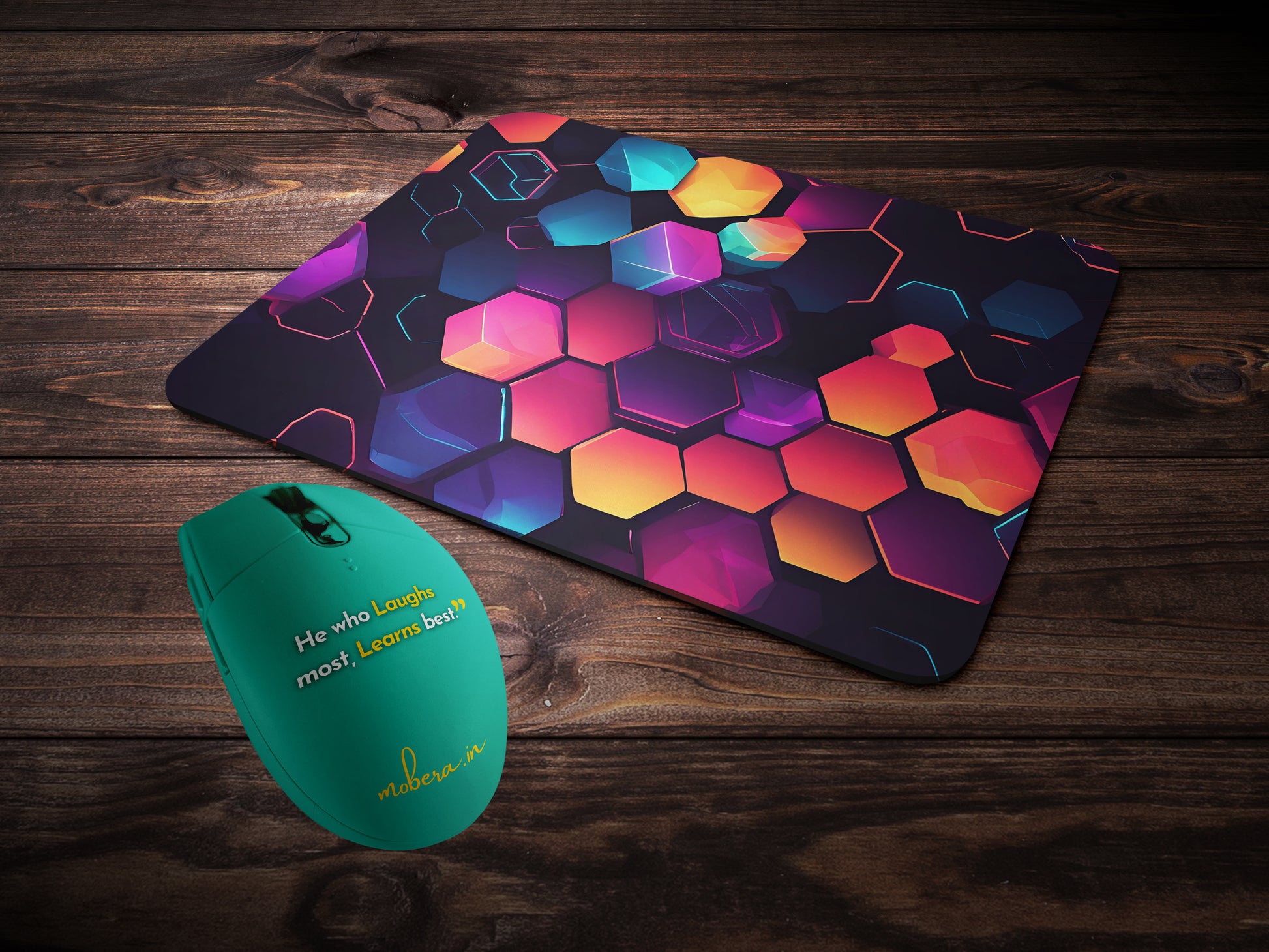 Neon glowing hexagon with futuristic outline mousepad mockup style 2