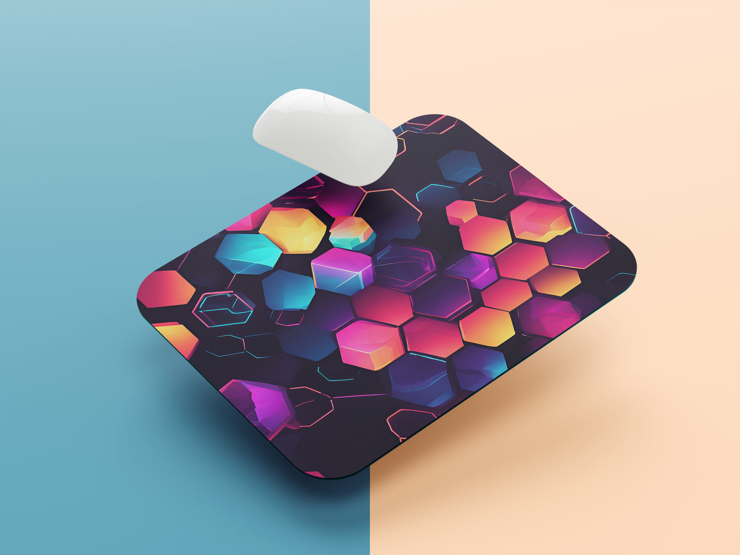 Neon glowing hexagon with futuristic outline mousepad mockup style 1