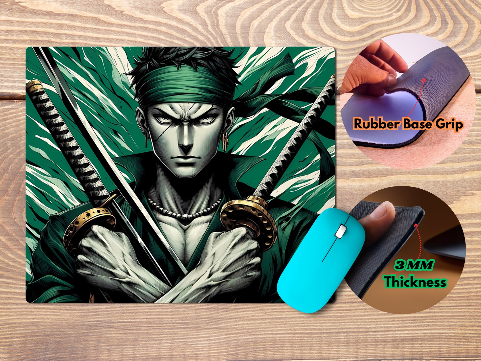 Roronoa Zoro holding two swords mousepad mockup style 4