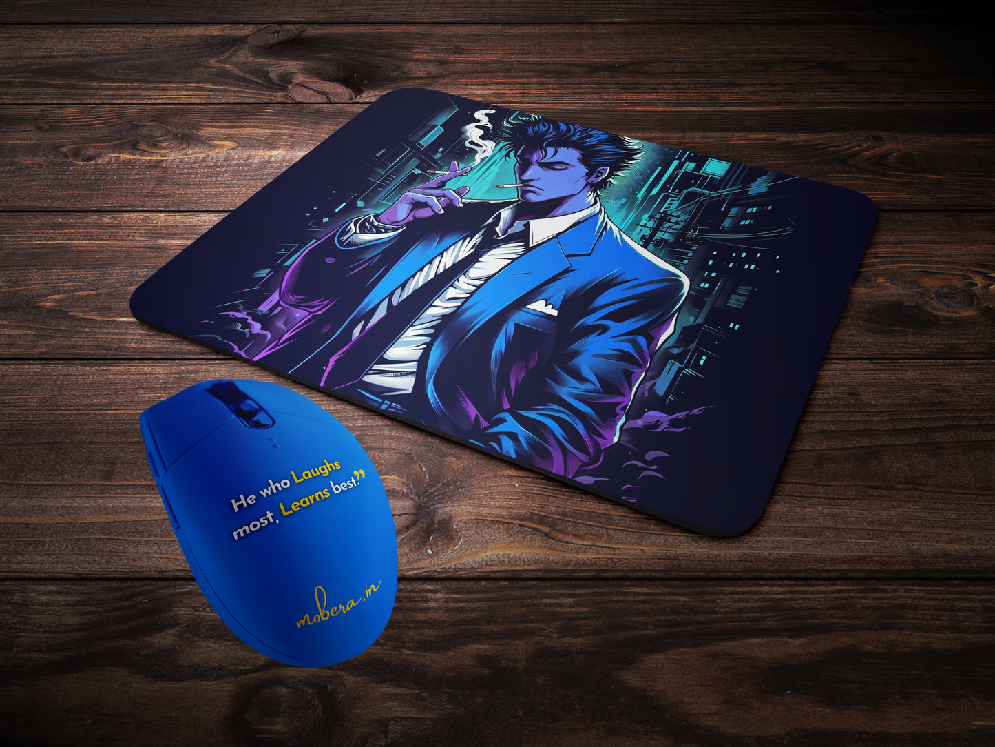 Spike Spiegel in his iconic blue suit mousepad mockup style 2