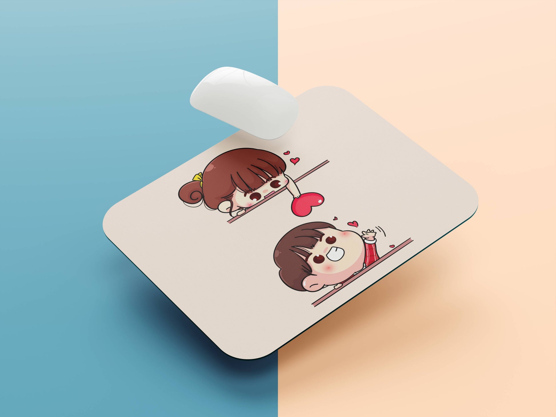 Girl and Boy Cartoon with Heart mousepad mockup style 1