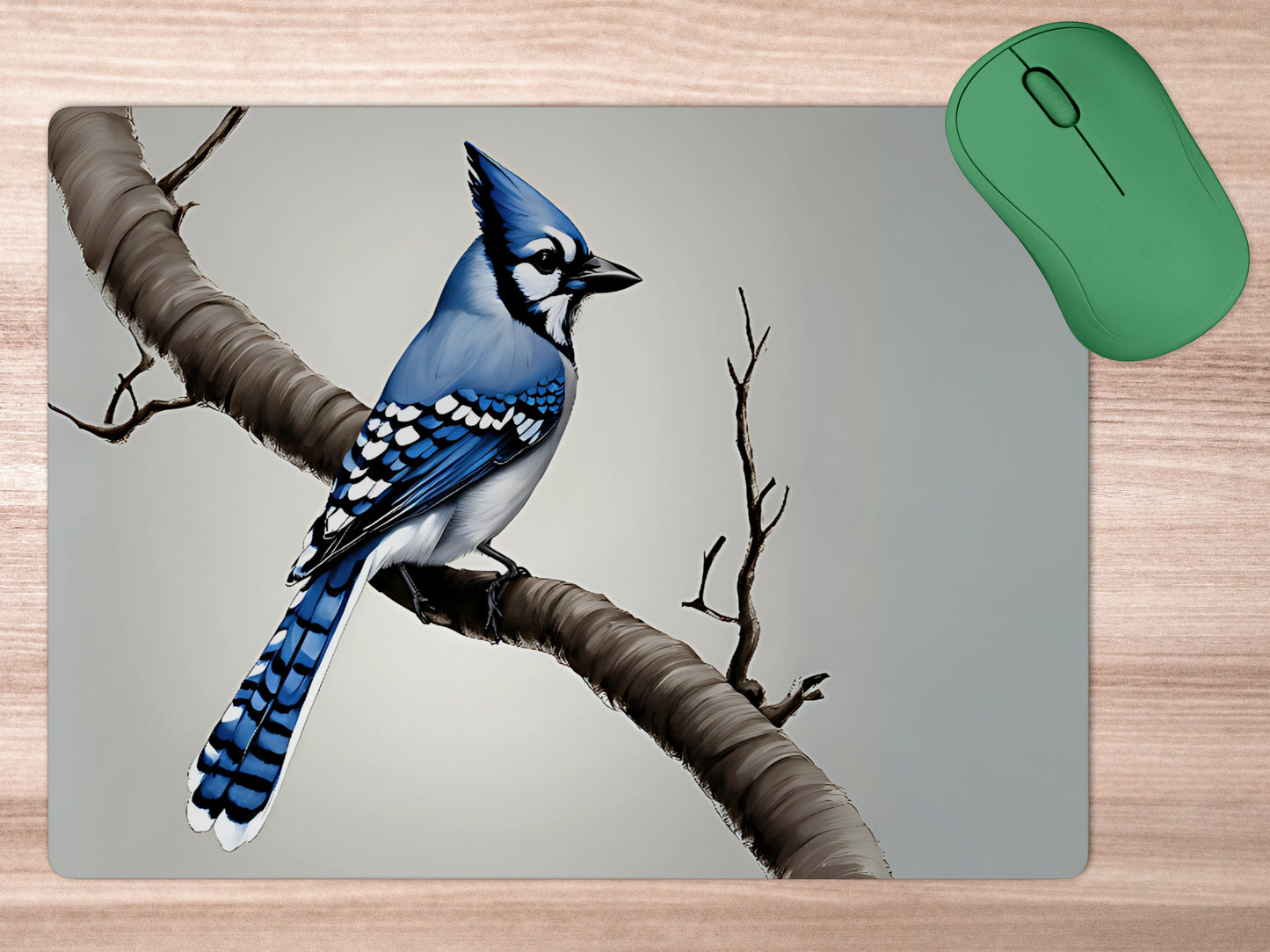 Blue Jay - Recognizable by its vibrant blue feathers, this bird is known for its intelligence and complex social behaviormousepad mockup style 5