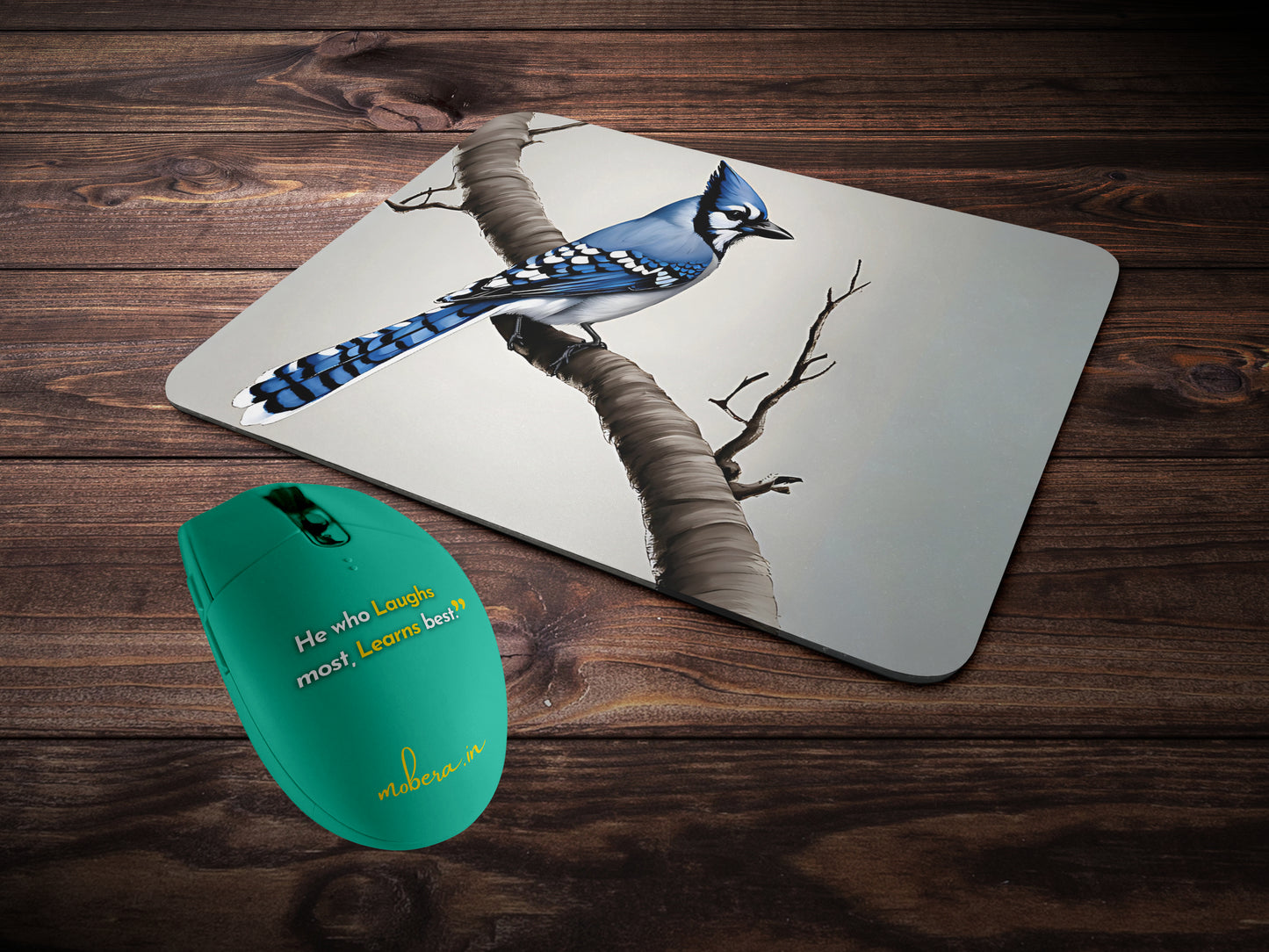 Blue Jay - Recognizable by its vibrant blue feathers, this bird is known for its intelligence and complex social behaviormousepad mockup style 2