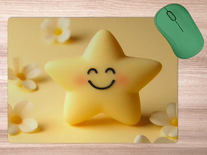 Bright, five-pointed star with a friendly face, smiling on a soft yellow backgroundmousepad mockup style 5