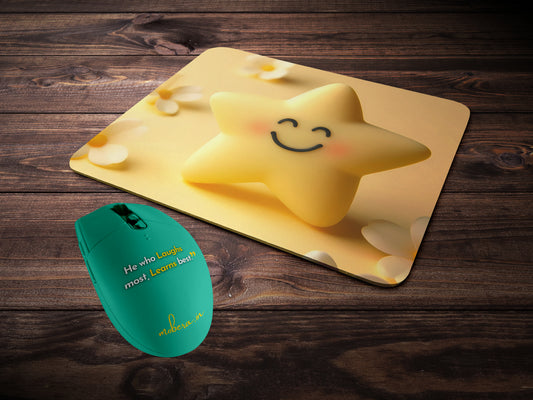 Bright, five-pointed star with a friendly face, smiling on a soft yellow backgroundmousepad mockup style 2