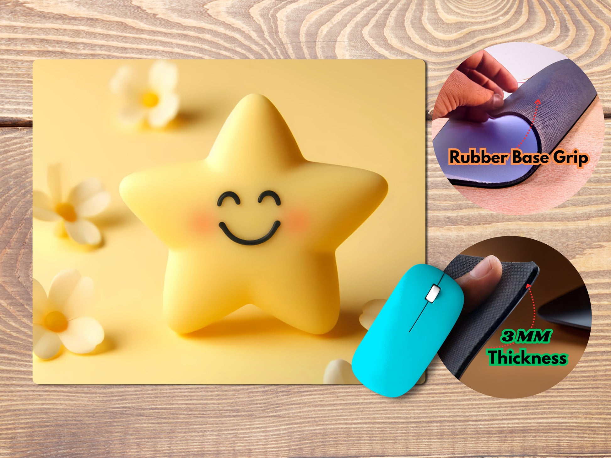 Bright, five-pointed star with a friendly face, smiling on a soft yellow backgroundmousepad mockup style 4