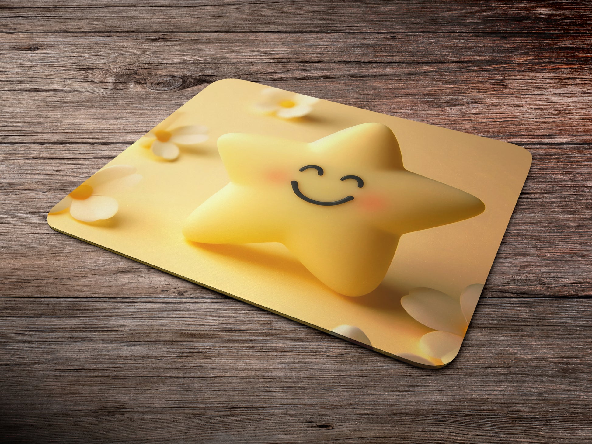 Bright, five-pointed star with a friendly face, smiling on a soft yellow backgroundmousepad mockup style 6