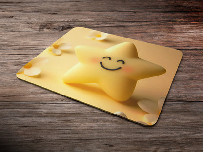 Bright, five-pointed star with a friendly face, smiling on a soft yellow backgroundmousepad mockup style 6