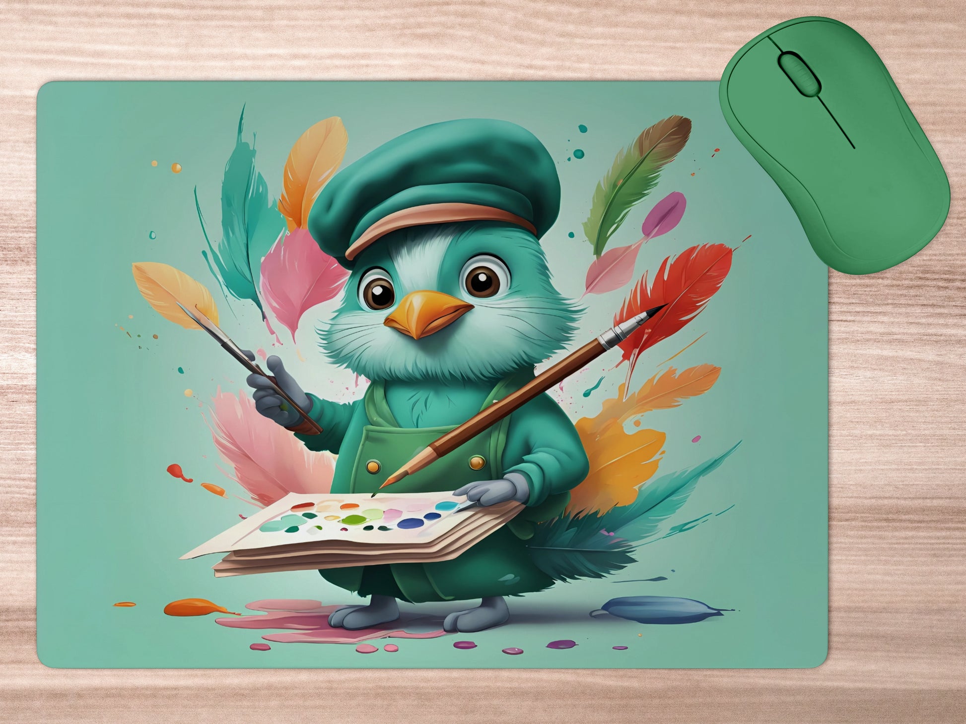 Cartoon quill pen dressed like an artist, with a beretmousepad mockup style 5