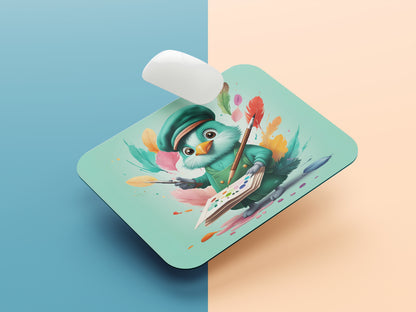 Cartoon quill pen dressed like an artist, with a beret mousepad mockup style 1