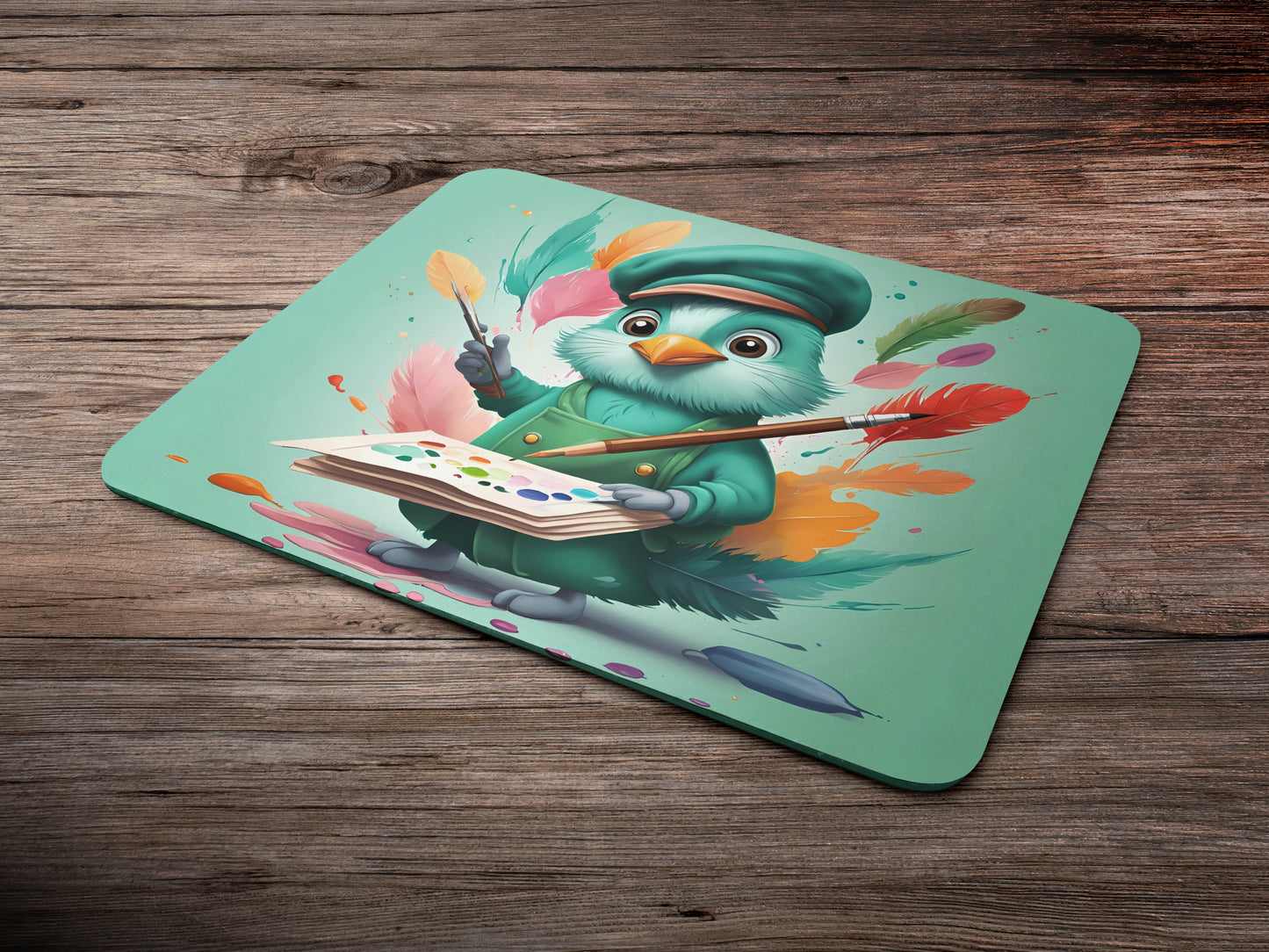 Cartoon quill pen dressed like an artist, with a beretmousepad mockup style 6