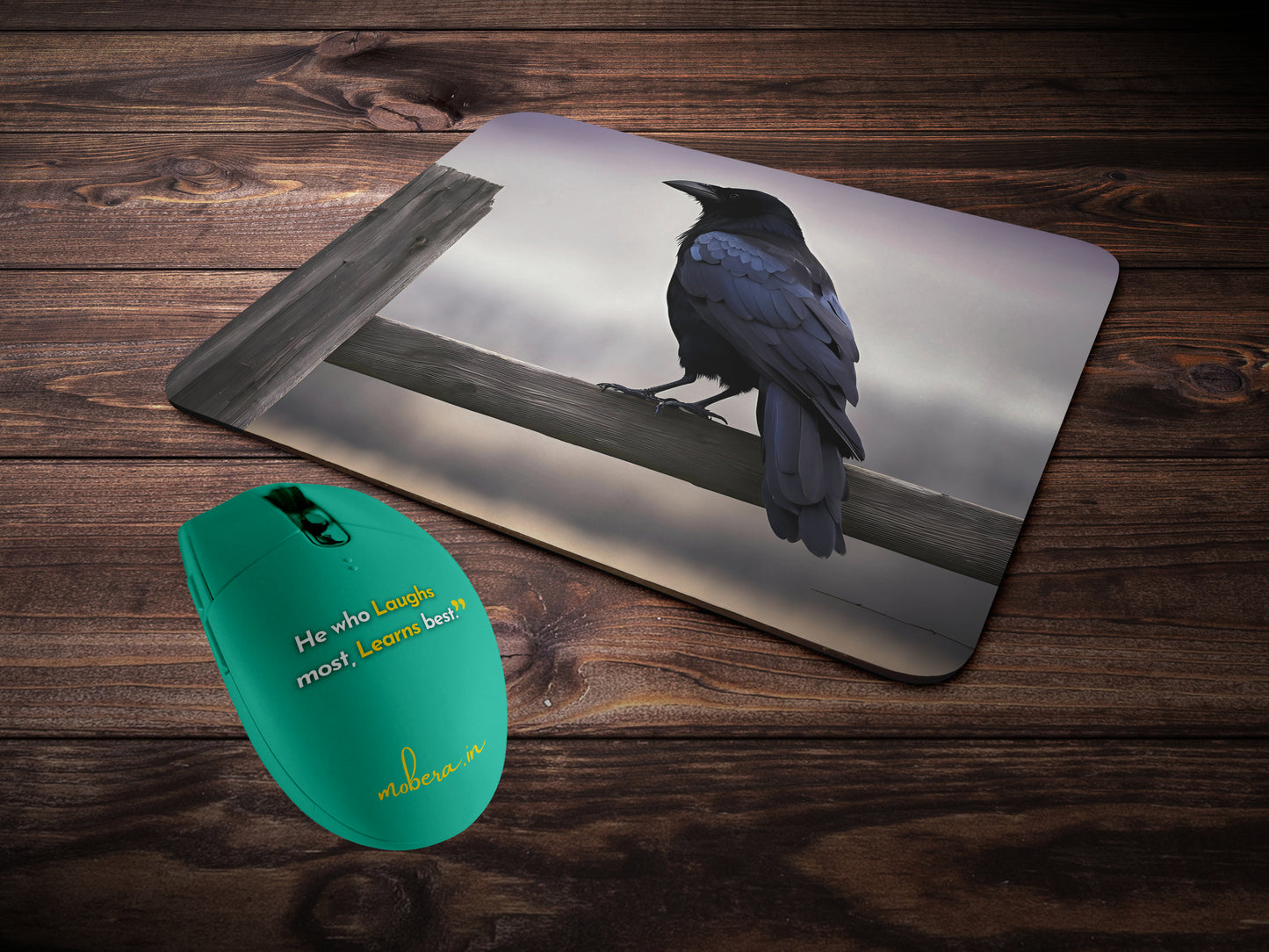 Crow perched on a weathered wooden fencemousepad mockup style 2