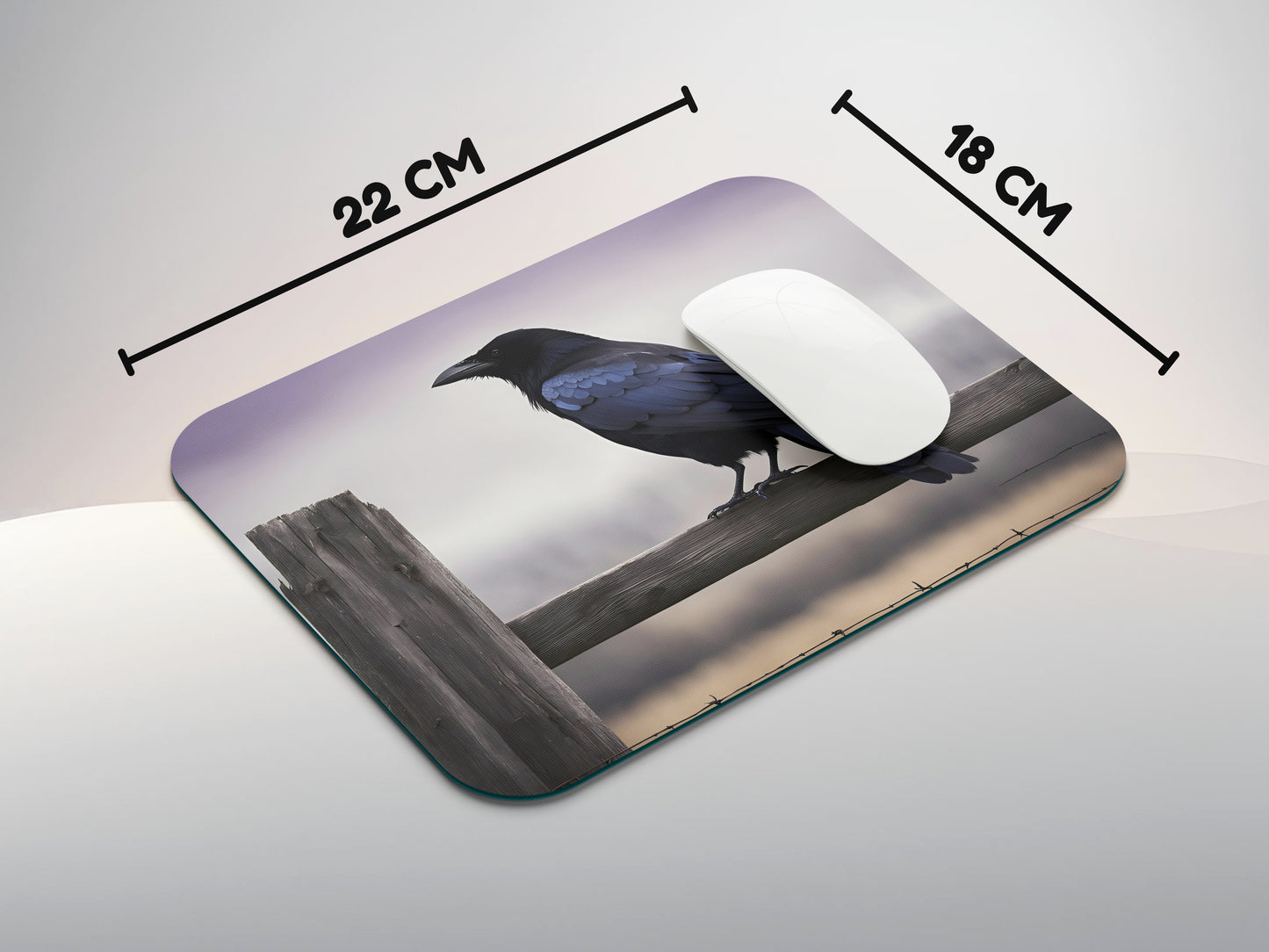 Crow perched on a weathered wooden fencemousepad mockup style 3