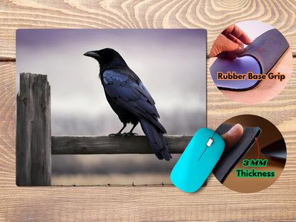 Crow perched on a weathered wooden fencemousepad mockup style 4