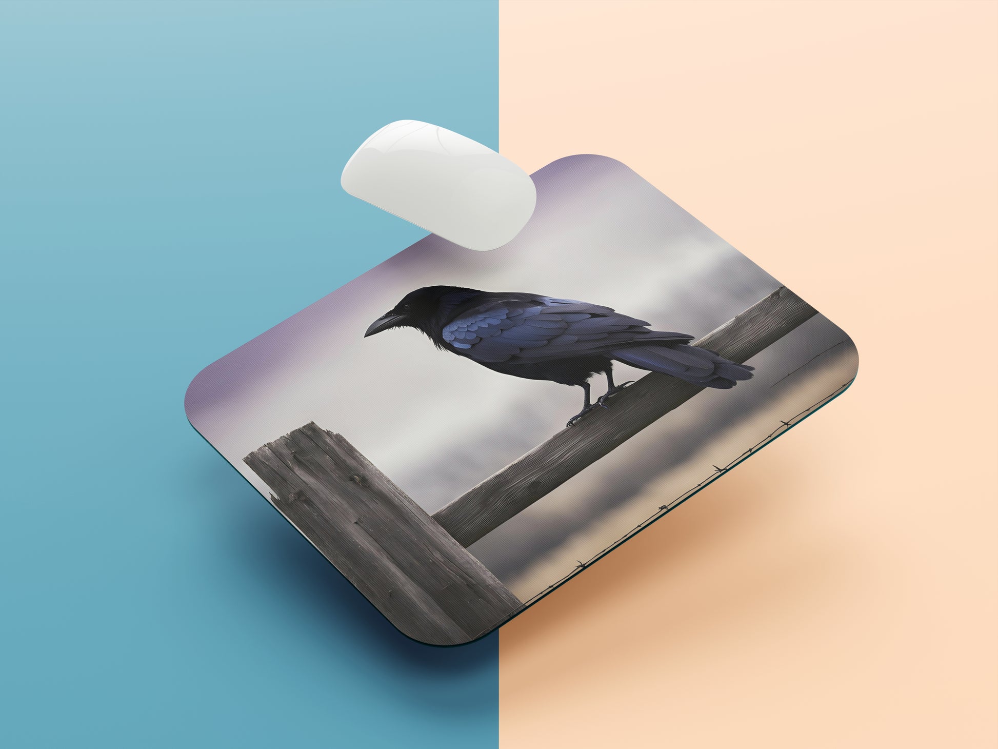 Crow perched on a weathered wooden fence mousepad mockup style 1