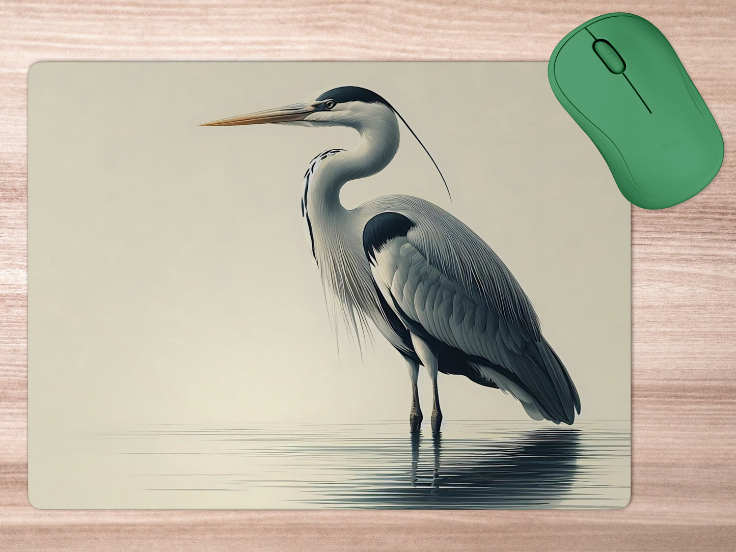 Heron standing gracefully in shallow watermousepad mockup style 5