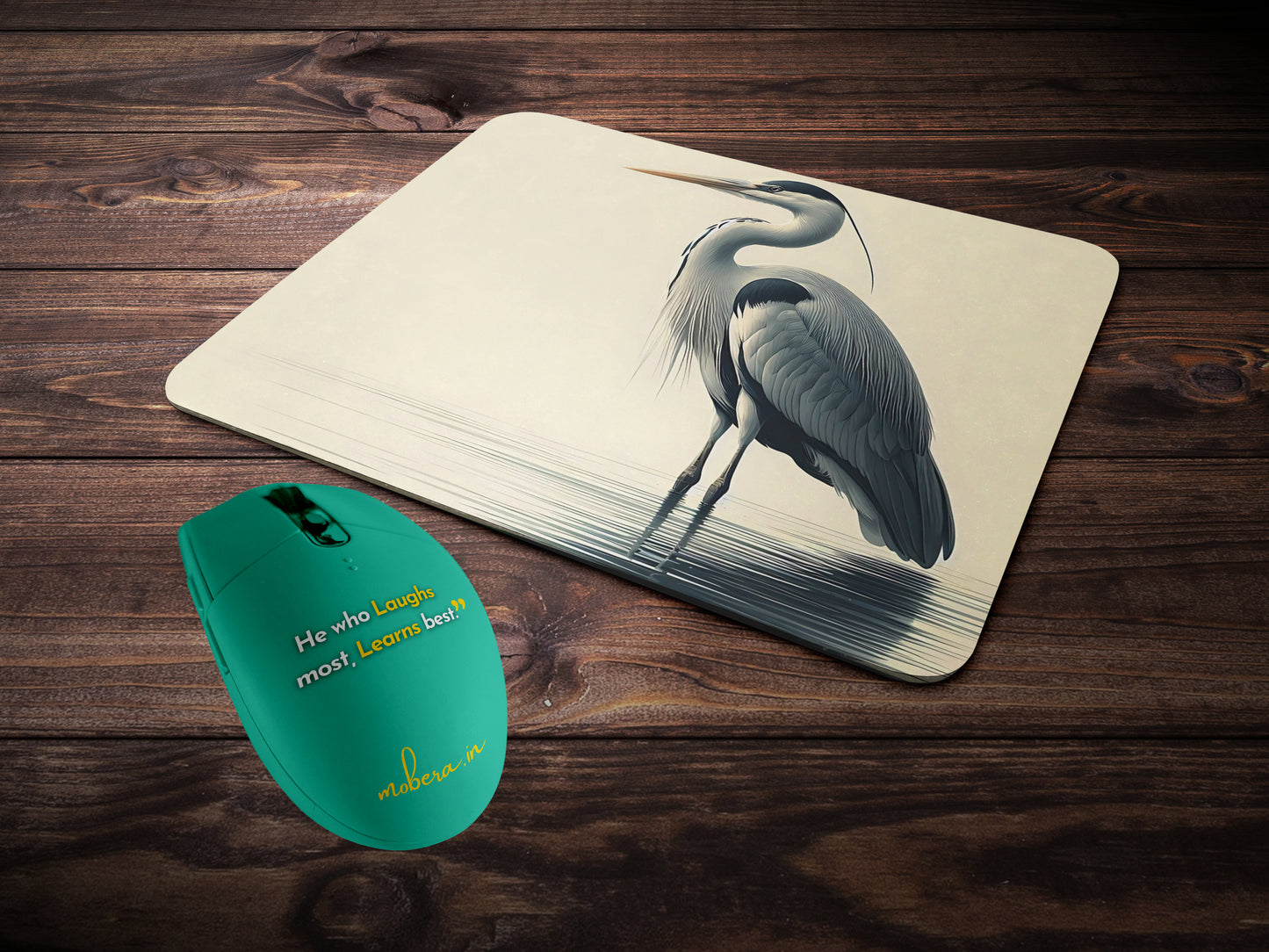 Heron standing gracefully in shallow watermousepad mockup style 2