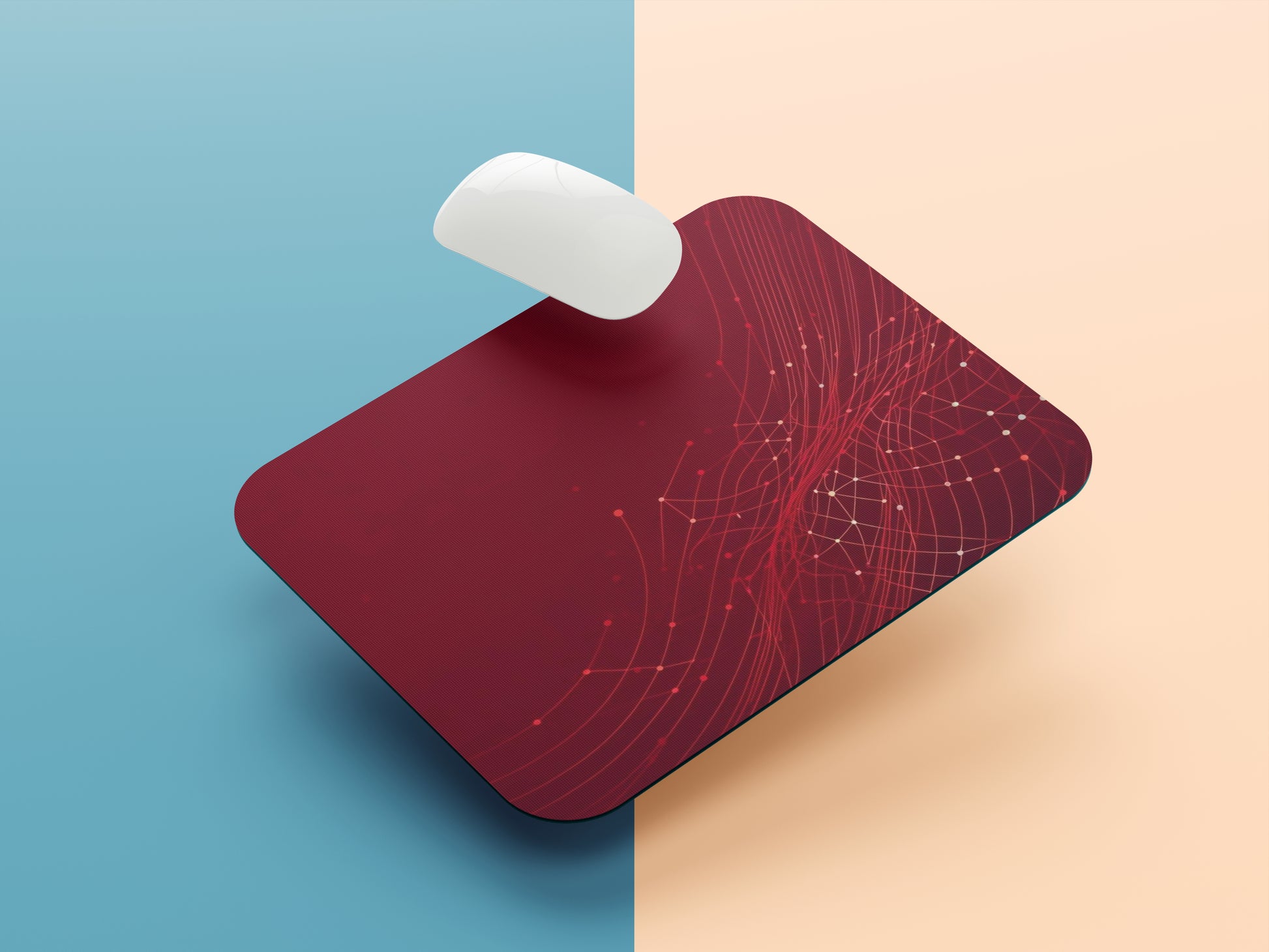 Lines connected against a solid deep red background mousepad mockup style 1