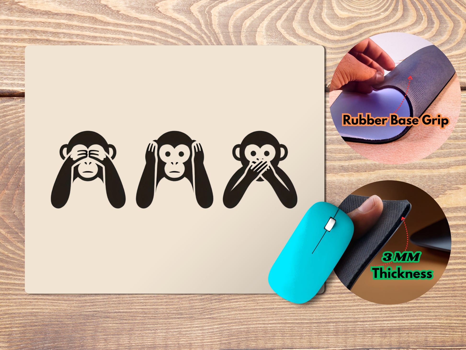 Mahatma Gandhi's Three Monkeys, A Symbol of Peace & Wisdommousepad mockup style 4