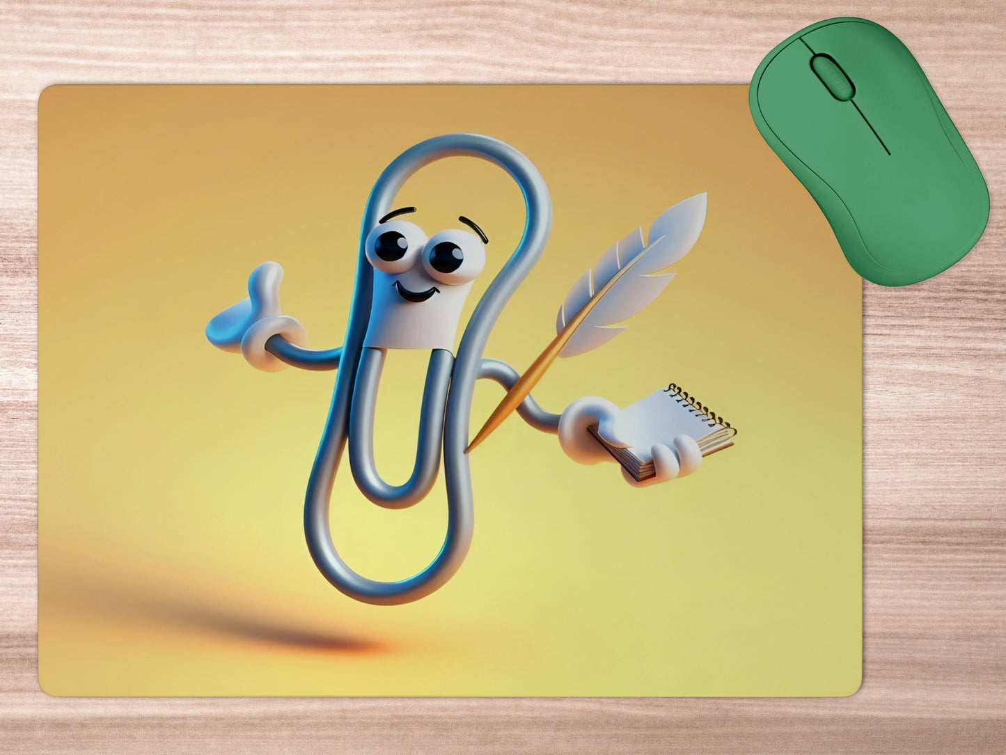 Paperclip holding a tiny notebook and a quill penmousepad mockup style 5