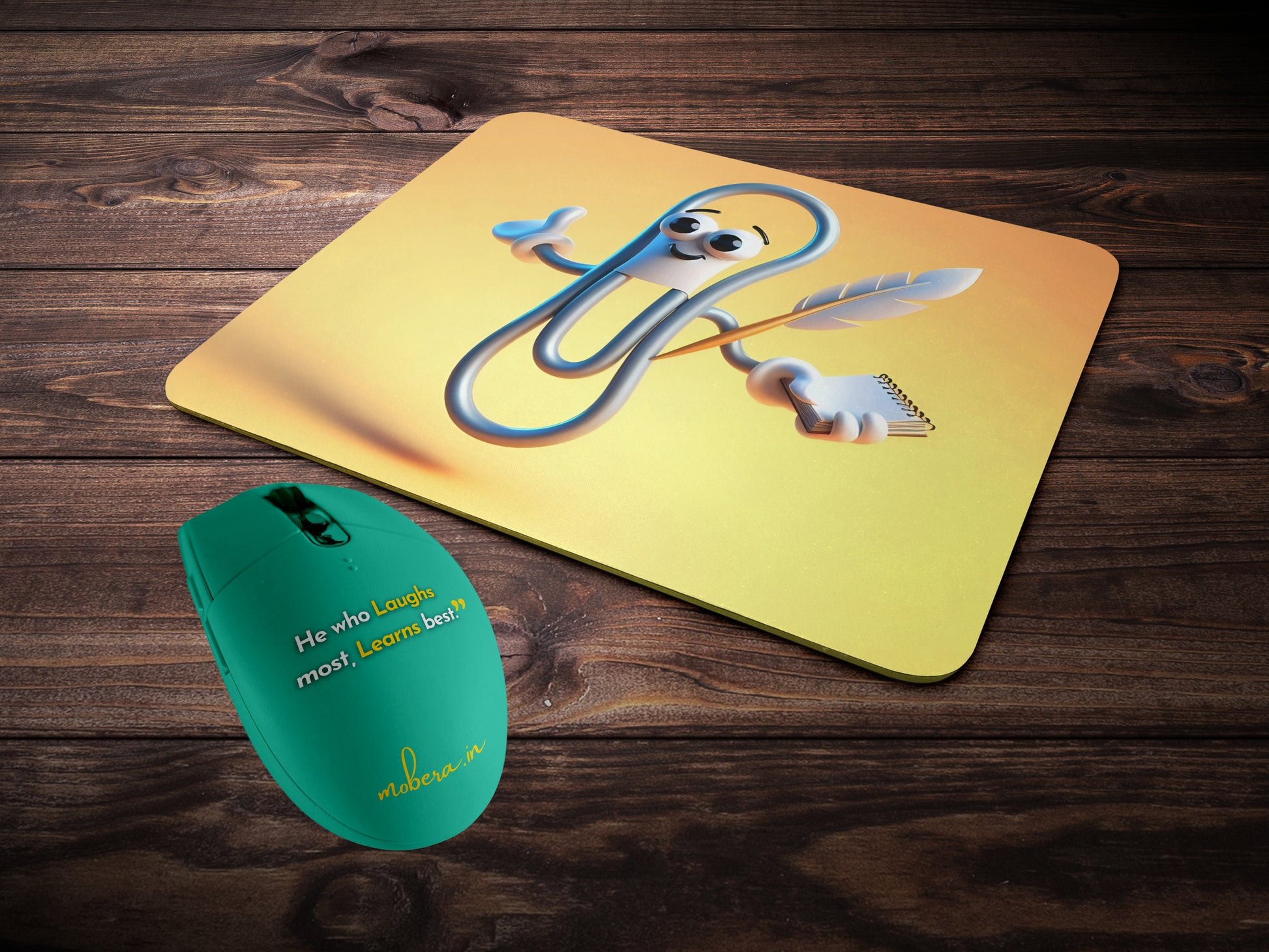 Paperclip holding a tiny notebook and a quill penmousepad mockup style 2