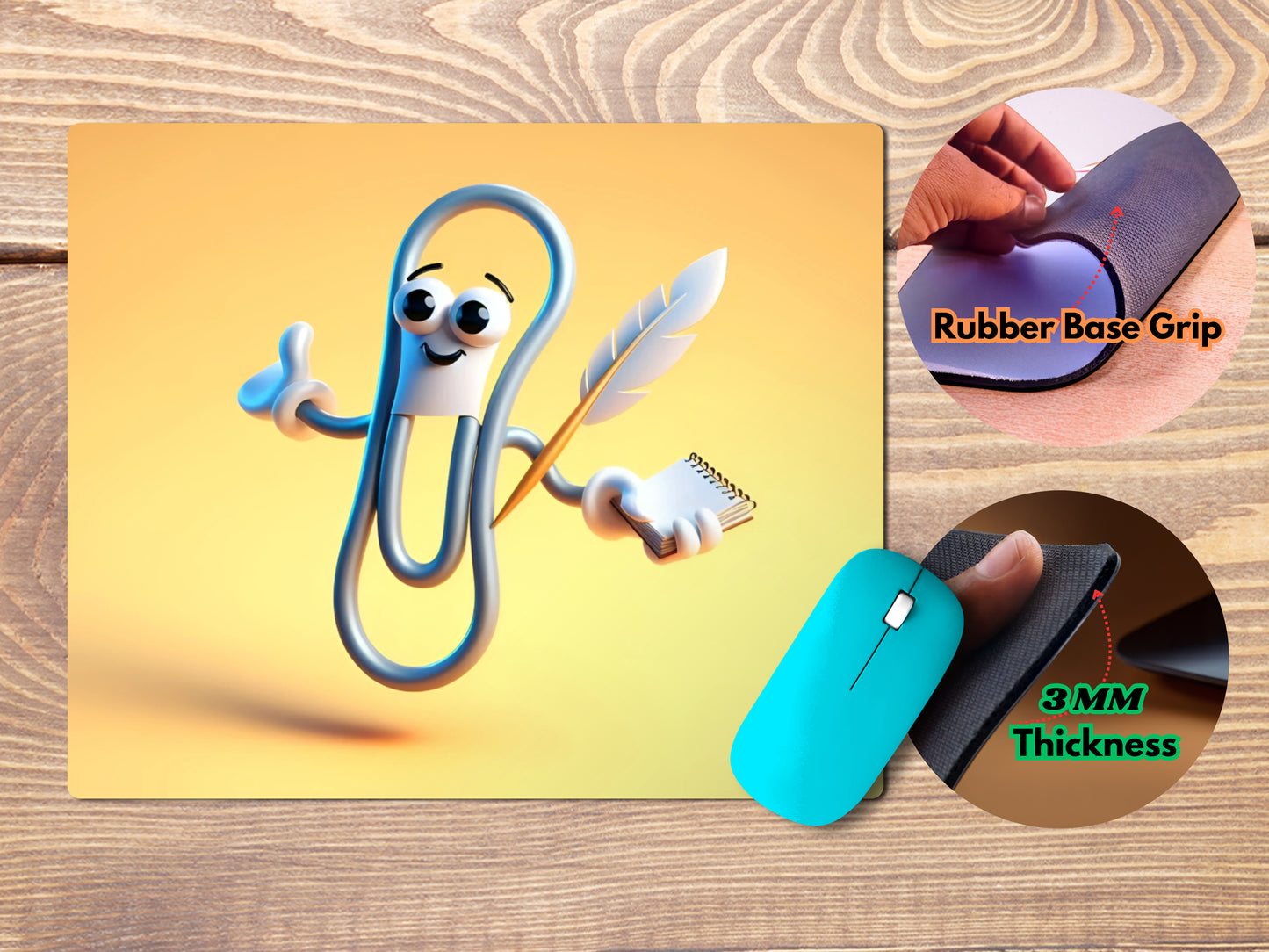 Paperclip holding a tiny notebook and a quill penmousepad mockup style 4