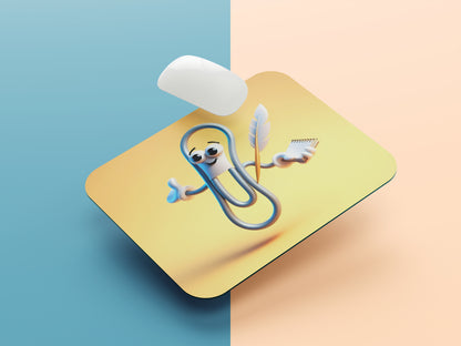 Paperclip holding a tiny notebook and a quill pen mousepad mockup style 1