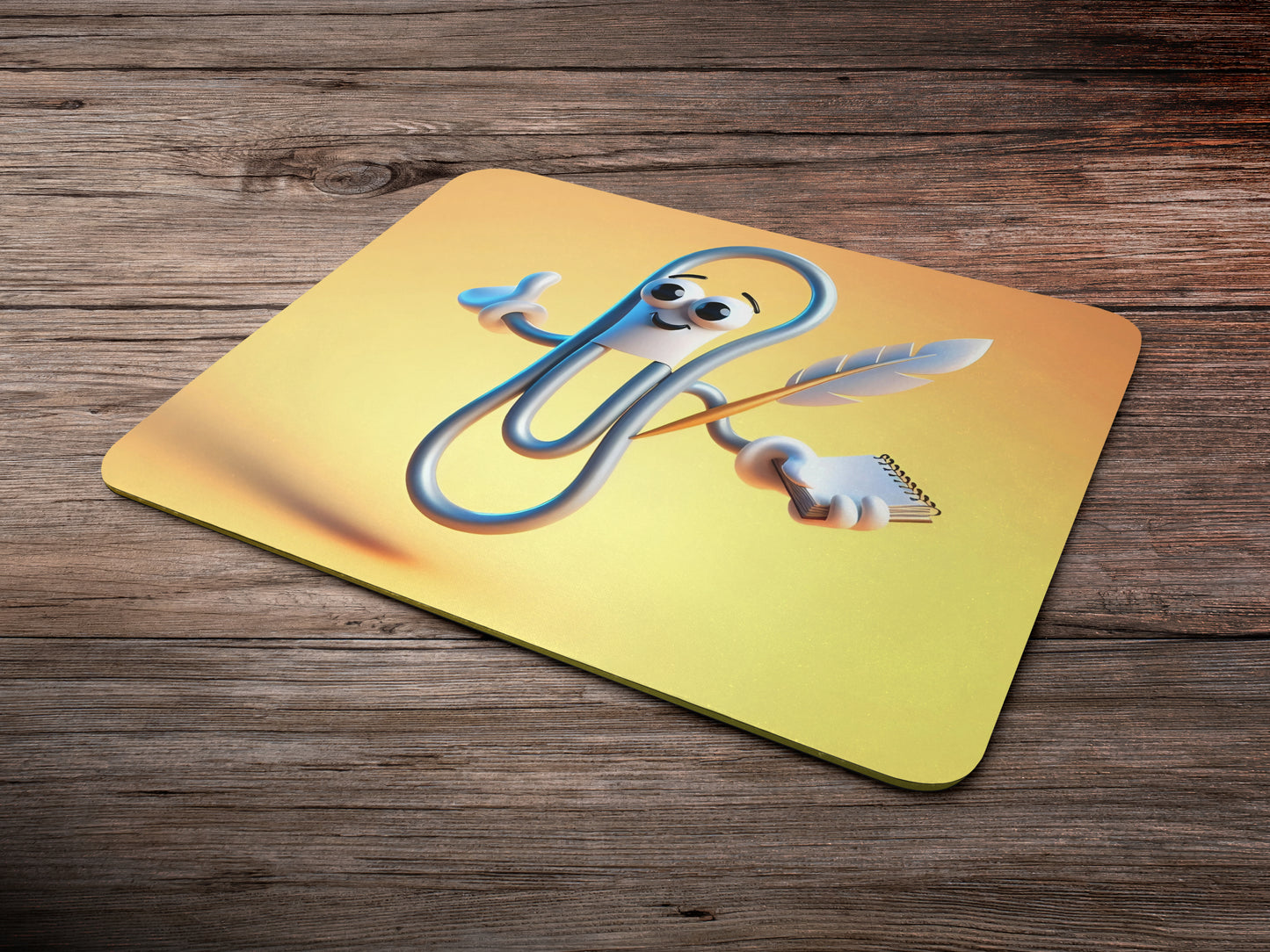 Paperclip holding a tiny notebook and a quill penmousepad mockup style 6