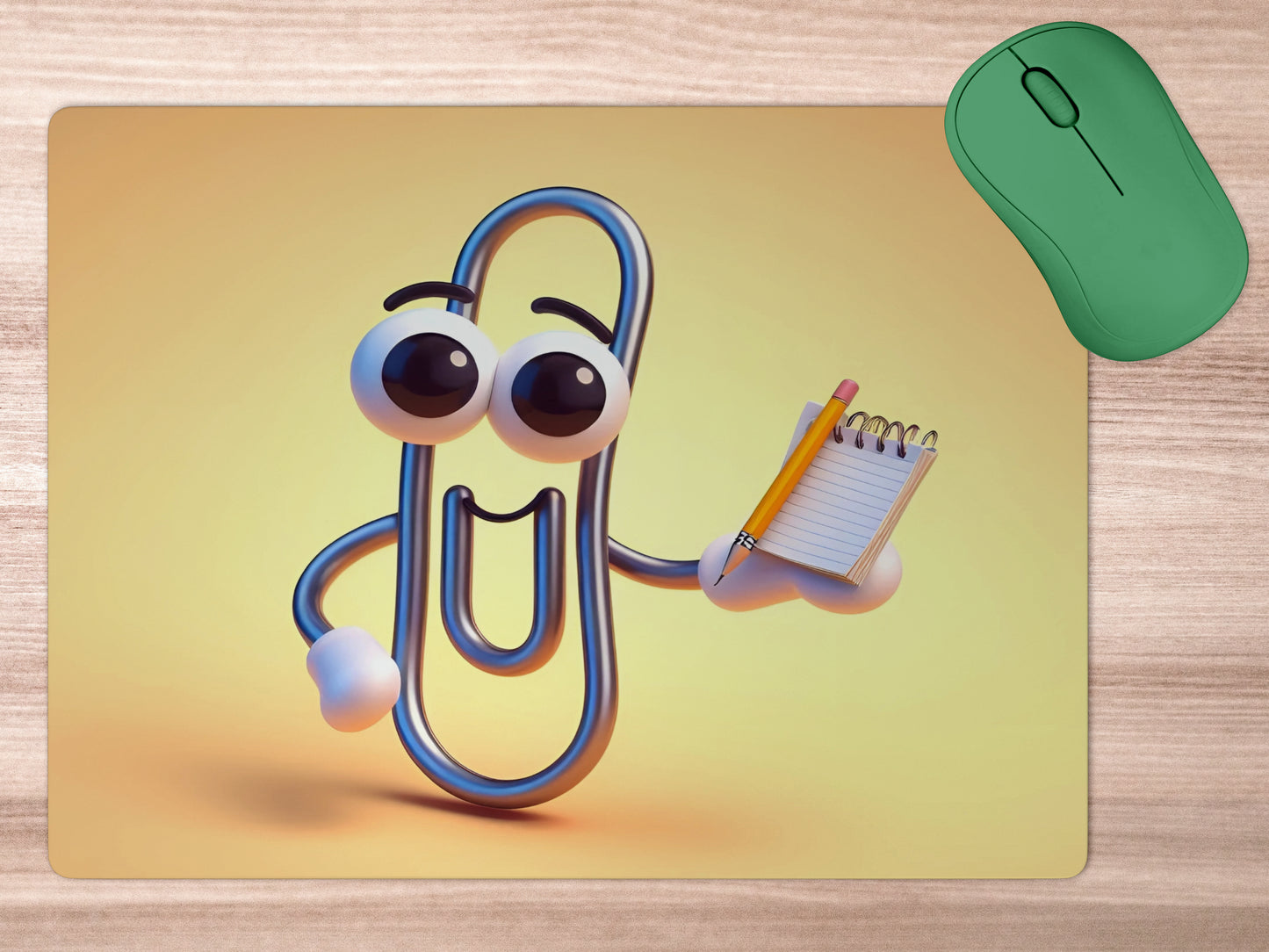 Paperclip with big, expressive eyes and a smiling face, holding a tiny notepad and pencilmousepad mockup style 5