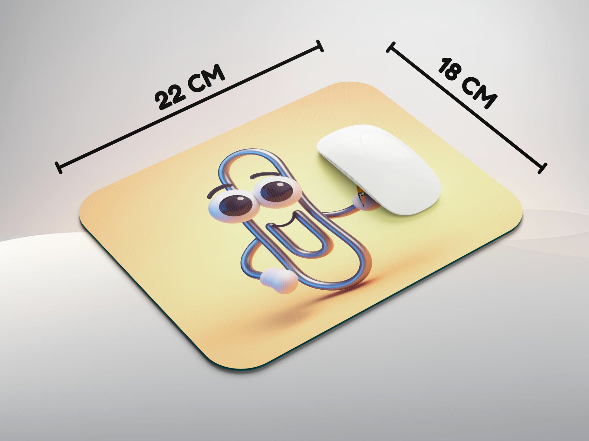 Paperclip with big, expressive eyes and a smiling face, holding a tiny notepad and pencilmousepad mockup style 3