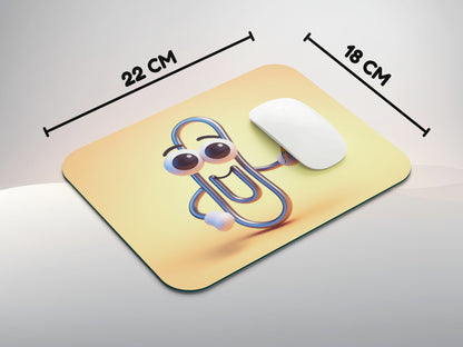 Paperclip with big, expressive eyes and a smiling face, holding a tiny notepad and pencilmousepad mockup style 3