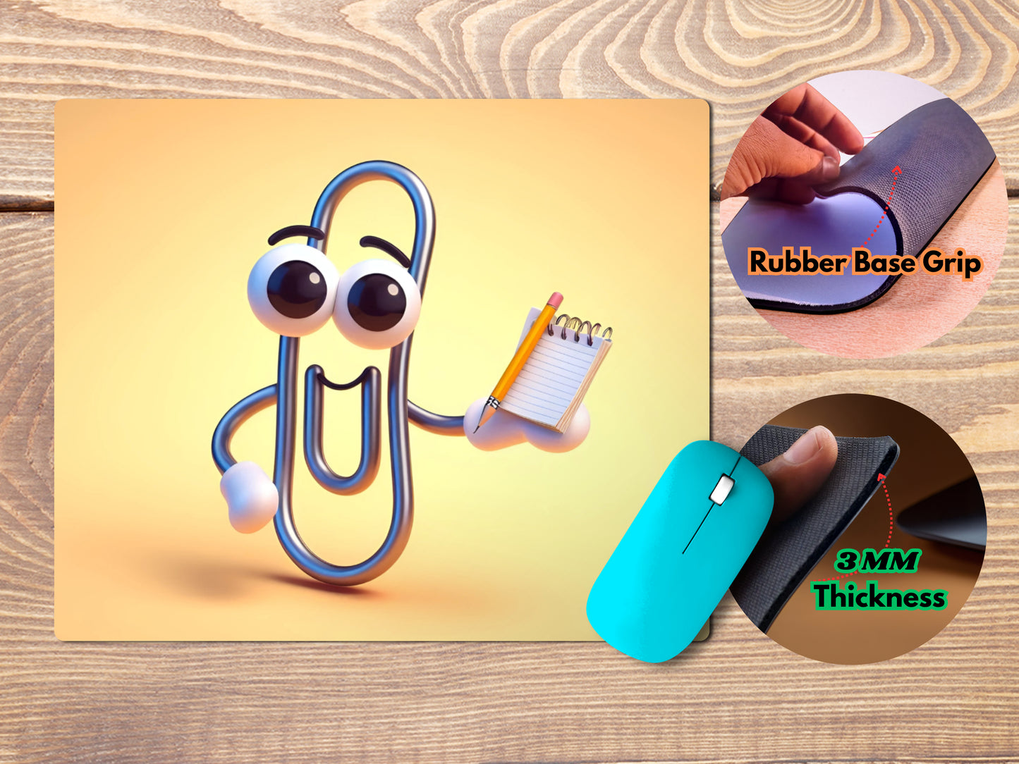 Paperclip with big, expressive eyes and a smiling face, holding a tiny notepad and pencilmousepad mockup style 4