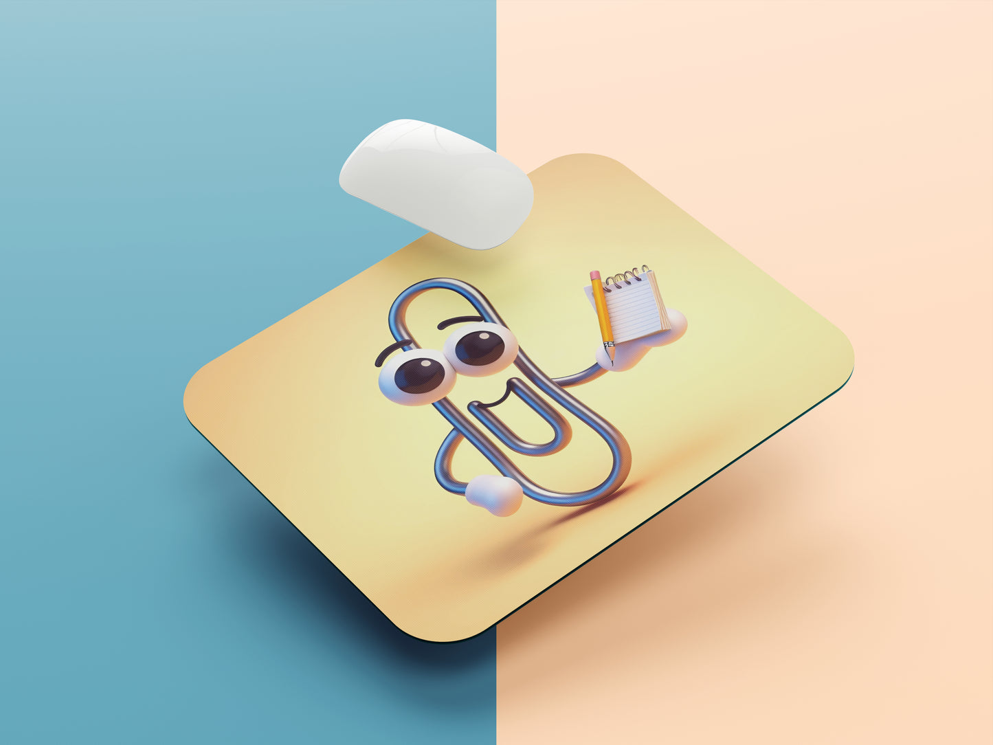 Paperclip with big, expressive eyes and a smiling face, holding a tiny notepad and pencil mousepad mockup style 1